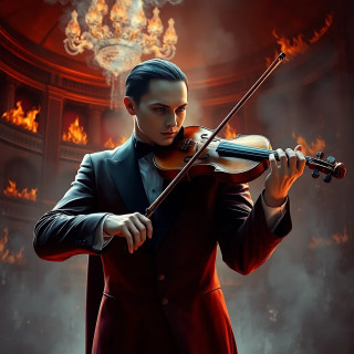 Phantom of the Opera-style figure playing a violin in a burning theater, flames frozen in time.