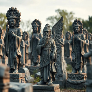 A graveyard of forgotten gods: crumbling statues weep liquid shadow, and the wind carries prayers in a language no one speaks anymore.