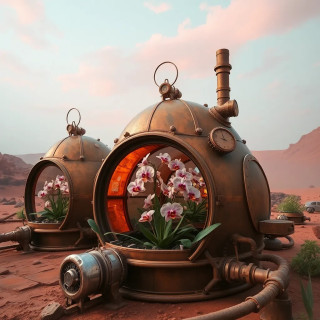 A steampunk greenhouse on Mars: rusted copper domes shelter alien orchids that hum in unison under a pink sky.