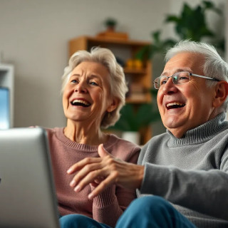 old couple laughing and watching tv