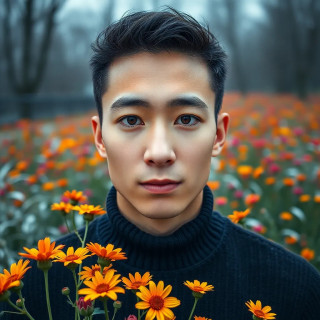 Korean man in nature with flowers by winter.
