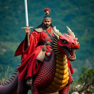 Ancient prince holding a sword and riding dragon, ultra realistic, medium shot