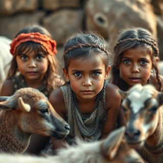 3 Little girls playing in the year 500 BC, realistic, domestic animals around the 3 girls