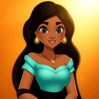 Jasmine (from the movie of Aladdin) is positioned in the center of the image,  and is facing the viewer.  She has long, dark, flowing hair, and warm-toned skin.  Her facial expression is pleasant and slightly smiling. Her eyes are dark, and her features are softly drawn, characteristic of a cartoon or animated style.  She wears a light teal, off-the-shoulder top and a dark garment.  She has gold-orange toned jewelry, including necklaces and earrings.  The background is a soft blend of warm, orange and yellow colors.  The lighting is warm and bright, focused on the subject, suggesting a daytime setting or interior scene. The overall composition is simple, centered, and emphasizes the character's beauty in a friendly way. The style is a classic Disney animated film, with smooth lines and bold colors.  The character's body build is slender and petite.