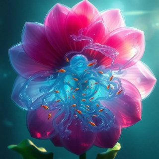 A giant transparent flower filled with swirling water and tiny fish, as if it’s an aquatic habitat, surreal fantasy art.