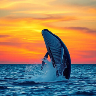 A humpback whale breaching the ocean surface, water spraying mid-air, frozen splash, colorful sunset sky, painterly digital art style