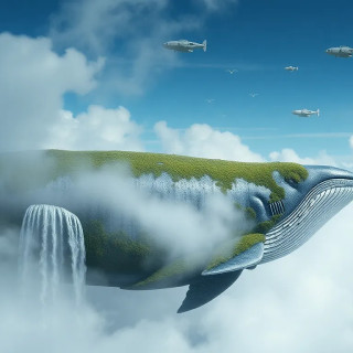 Colossal whale floating in the clouds, covered in moss and waterfalls, airships circling like tiny birds.
