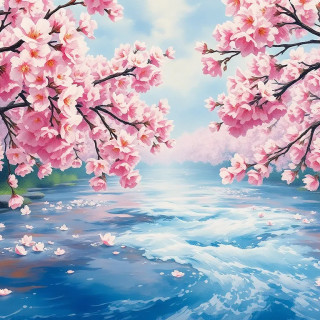 Watercolor painting of cherry blossoms scattered on a flowing river, soft pastel pinks and blues, impressionist style."