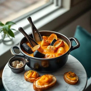 “French bouillabaisse in a cast-iron cocotte, saffron broth aglow, served with rouille-topped crostini on marble bistro table, editorial magazine style”