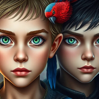 2 very beautiful 8 years old? BOY AND  girl,  with green eyes,  a colorful bird on THEIR heads, background: flowers