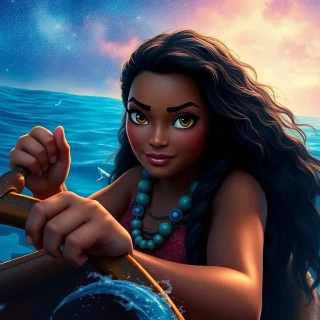 “Moana steering her wayfinding raft through bioluminescent seas, manta rays beneath, sky blazing with stars, steadfast determination”