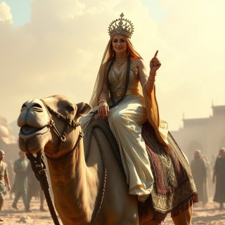Arabic glorious princess riding a camel in her marriage ceremony, the pricess is happy and greeting his family