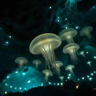 An underground cave system illuminated by bioluminescent fungi, where translucent jellyfish-like creatures drift through the air.