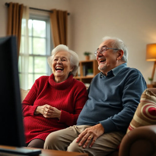 old couple laughing and watching tv