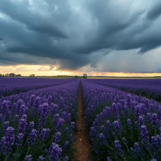 “Lavender fields in full bloom under dramatic storm clouds, leading lines to horizon, drone top-down shot, photographic”