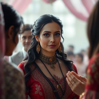 Woman with round face, 35 years old, light brown skin, dark brown hair, brown eyes, wearing Glorious clothes in her marriage ceremony and greeting gests, person