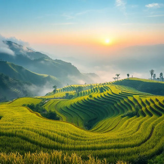 Glistening rice terraces of Vietnam at dawn, mist rising from valley, leading S-curve pattern, wide dynamic range, oil painting