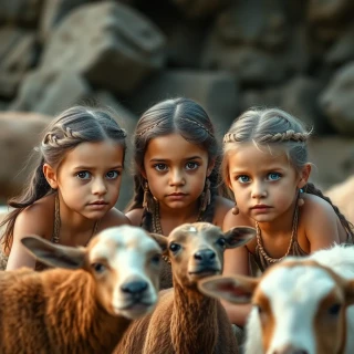 3 Little girls playing in the year 500 BC, realistic, domestic animals around the 3 girls