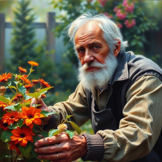 Old man taking care of  his garden, oil painting