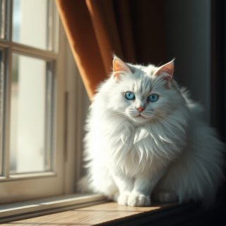 a fluffy white cat with blue eyes sitting on a windowsill, sunlight streaming through the curtains, soft focus, cozy atmosphere