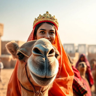 Happy Arabic glorious princess riding a camel in her marriage ceremony. She is smiling and greeting people