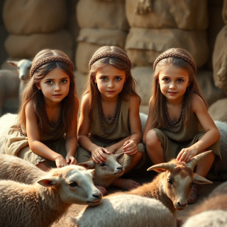 3 Little girls playing in the year 500 BC, realistic, domestic animals around the 3 girls