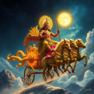 Surya, the Sun God, riding a radiant golden chariot pulled by seven glowing horses across a starry sky, intricate divine armor, Indian art reinterpreted in fantasy style