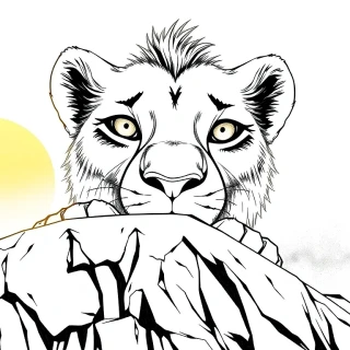 “Simba atop Pride Rock at sunrise letting out his first mighty roar, dust swirling from the savanna, golden light rays, proud determination”