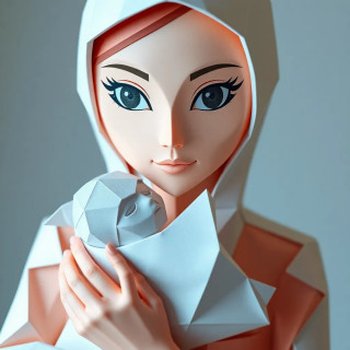 A woman in origami style holding a baby