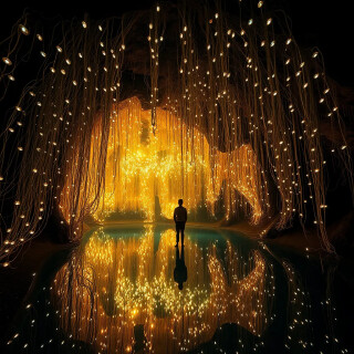 A cavern where thousands of thread-like vines hang from the ceiling, each tipped with a tiny bioluminescent orb. The air hums with floating spores, and the ground is a mirror-like pool doubling the light. Feels like walking through a living galaxy. Ethereal and dreamlike.