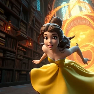 Belle sprinting through enchanted castle library as enchanted books swirl into a protective vortex, shocked awe on her face