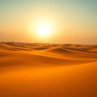 “Golden sand dunes of the Sahara sculpted by wind, rippling shadows at sunset, low-angle perspective, cinematic color grade, photographic”