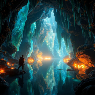 An underground cavern filled with towering crystal formations that emit prismatic light. The walls are embedded with glowing lichen, and the ceiling drips with luminescent water droplets. Reflective pools create infinite mirrors of color. A Na’vi explorer touches a crystal, causing a ripple of light to spread. Sci-fi fantasy, cinematic lighting.