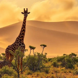 “Giraffes browsing umbrella acacias against vast Kalahari dunes, swirling dust catching sunbeams, 3:1 desert vista, photographic, panoramic view”