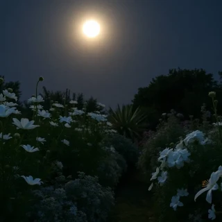 “Moonlit white garden featuring night-blooming nicotiana, Casablanca lilies, white cosmos, silver artemisia, and dwarf white hydrangeas, subtle glow, photographic”