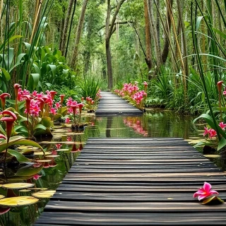 “Bog-garden boardwalk lined with carnivorous pitcher plants, cobra lilies, blooming marsh orchids, and crimson cardinal flowers reflected in still water, low-angle perspective, photographic”