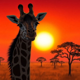 Two giraffes silhouetted against a vibrant African sunset, acacia trees in the distance.