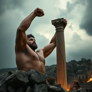 “Hercules lifting a crumbling marble column to save townsfolk, embers drifting, storm clouds above, raw heroic strength”