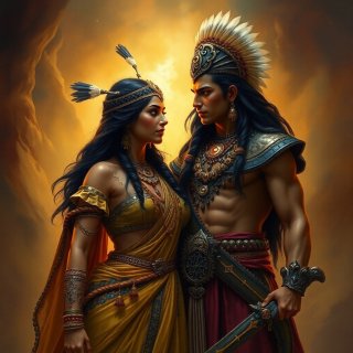 Native American couple wearing traditional clothes in their wedding day.