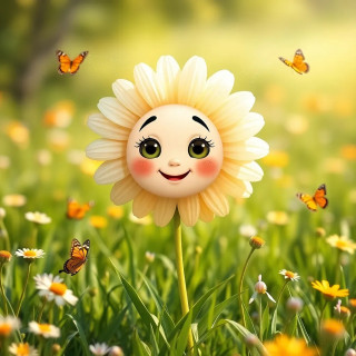 A smiling daisy with a cute face, cartoon-style, in a sunny meadow with butterflies, children’s book illustration.