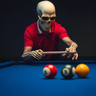 A person with a skull mask is playing billiards.  The subject, appearing middle-aged, is positioned in the mid-ground, slightly angled toward the right side of the image, and centered horizontally within the frame.  The skull mask is a light beige color, and the person is wearing a red polo shirt with a white collar. The figure's arms and hands are skeletal in appearance, articulated with visible bone structure. The figure's body type appears lean and muscular. The subject is aiming a pool cue at two billiard balls.  The billiards table is a deep blue color, and the lighting is focused on the figure and the action. The composition is tightly framed, concentrating the viewer's attention on the striking action.  The atmosphere is dark, dramatic, and slightly morbid, focusing on the surreal contrast of the skeletal form and the game.  Two billiard balls, one yellow, one red, are visible on the table.  The style is photorealistic with stylized elements, enhancing the surreal theme.
