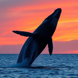 “Pair of humpback whales breaching in sync against fiery sunset, crimson sky reflecting on calm Pacific, wide 16 mm perspective, photographic, panoramic view”