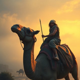 Ancient traveler riding his camel in the beach