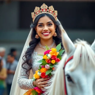 Happy, beautiful, glorious bride, in full body, She is riding a white horse and holding colored corsage . She is smiling and greeting people