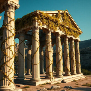 Ancient Greek temple reawakened, columns wrapped in living vines of gold, midday Mediterranean light, drone view