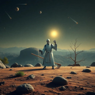 A minimalist zen garden on a rogue asteroid, raked by a robot monk as comets streak past in silent reverence.