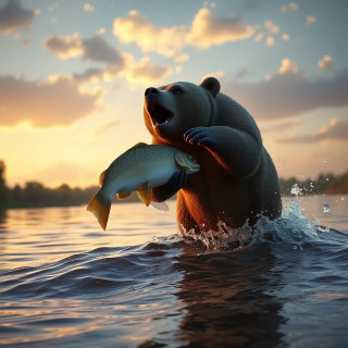 A bear catching a fish mid-air in a river, dynamic pose, water splash frozen in time, realistic textures and lighting