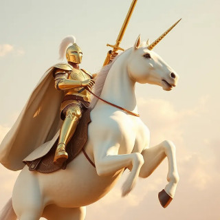 A knight in shining gold armor rides a magnificent white unicorn. The knight, positioned slightly to the right of center, is mid-stride, with a triumphant pose, holding a golden sword aloft.  His armor is detailed, showcasing intricate patterns and gleaming surfaces. He wears a flowing, off-white cape that billows behind him. The unicorn is a pure white, with a large horn on its forehead.  The horse is in a dynamic, rearing pose, with all four legs off the ground. The background features a pale blue sky dotted with soft, fluffy white clouds.  Warm, golden light bathes the scene, creating a dramatic and heroic atmosphere. The image has a stylized, somewhat romanticized aesthetic, evoking a sense of fantasy and adventure. The perspective is slightly from below, emphasizing the height and grandeur of the scene.  The composition is balanced, focusing attention on the knight and unicorn in the foreground against the sky.