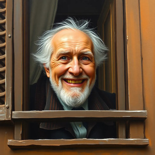 old man smiling in the window of second floor, oil painting