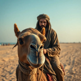 Ancient traveler riding his camel in the beach